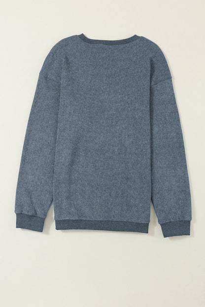 Customizable Solid Ribbed Knit Round Neck Casual PulloverSweatshirt