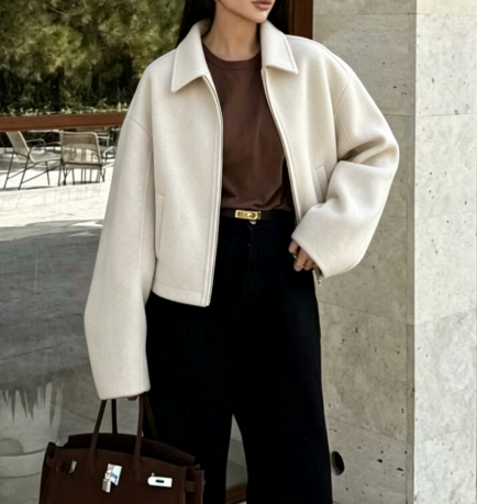 Women's Cropped Zip-Up Collared Jacket Vintage Casual