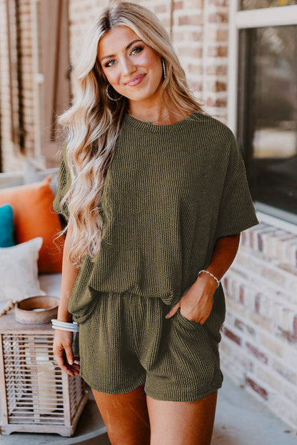 Ribbed Textured Knit Loose Fit Tee and Shorts Set