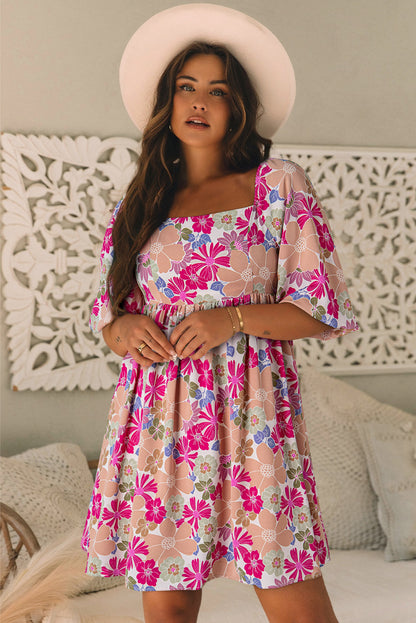 Pink Floral Square Neck Puff Sleeve Babydoll Dress