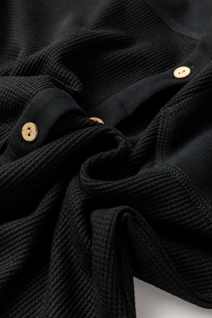 Black Waffle Knit Button Down Shacket Oversized Long Sleeve Top