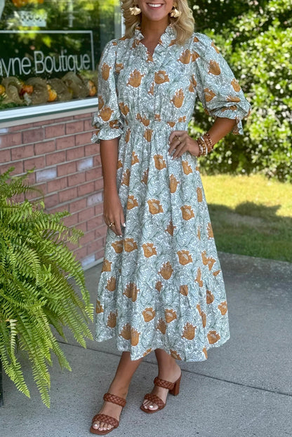 Floral V Neck Midi Dress Women Casual Boho Dress