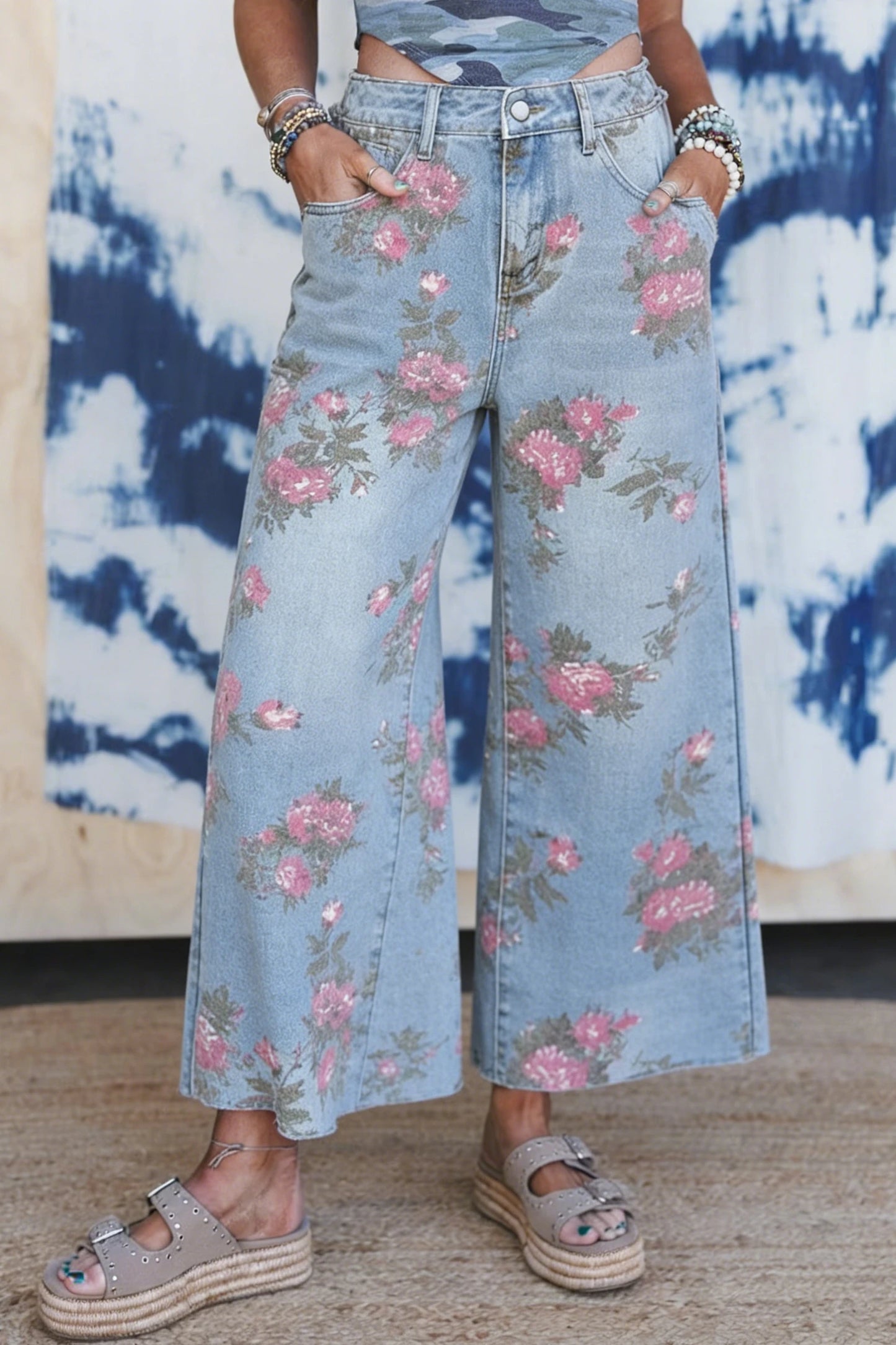 Floral Print Bootcut Jeans High Waist Vintage Denim