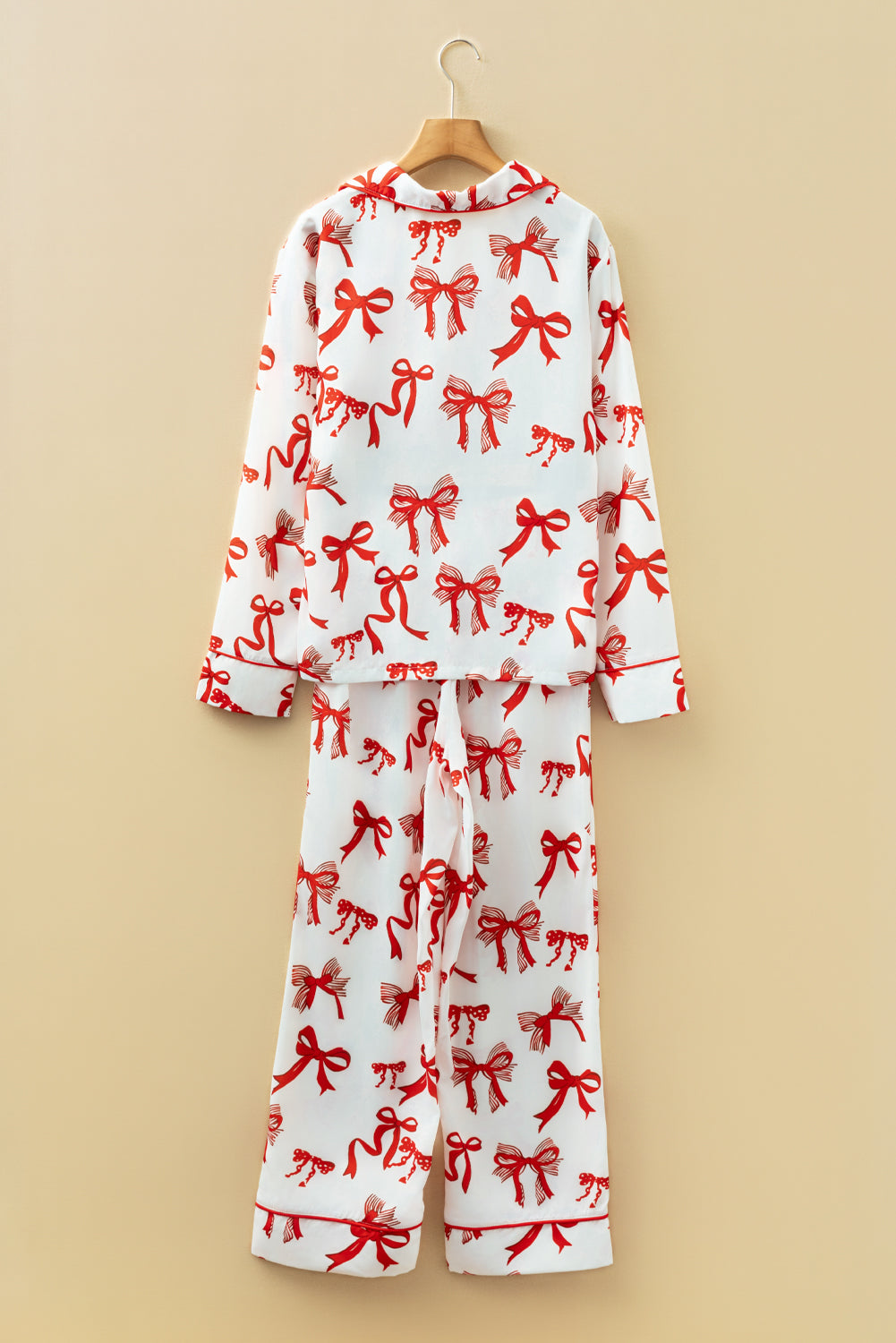 Red Christmas Bow Print Long Sleeve 2pcs Pajama Set