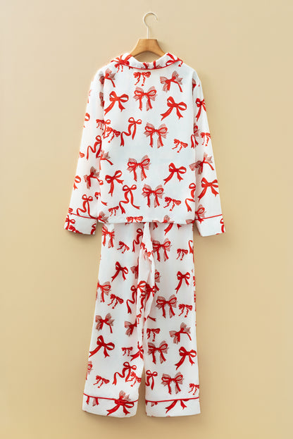 Red Christmas Bow Print Long Sleeve 2pcs Pajama Set