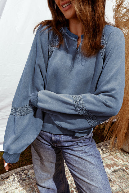 Lace Patchwork Notched Neck Mineral Wash Sweatshirt