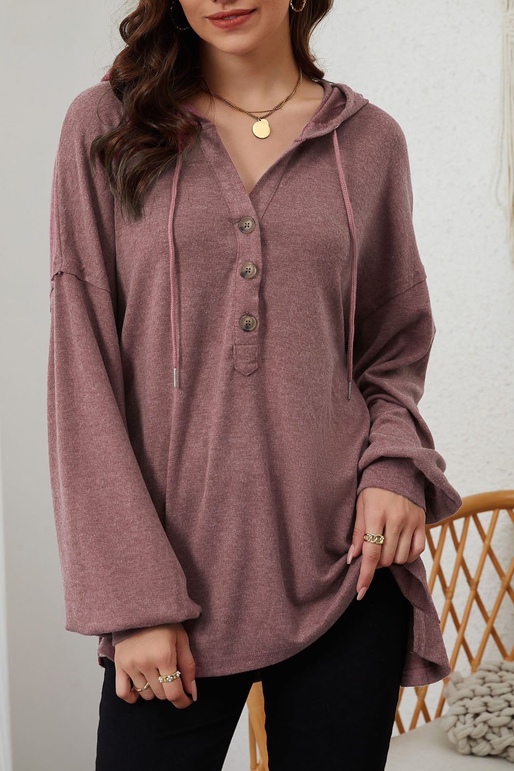 Buttoned High and Low Hem Hoodie