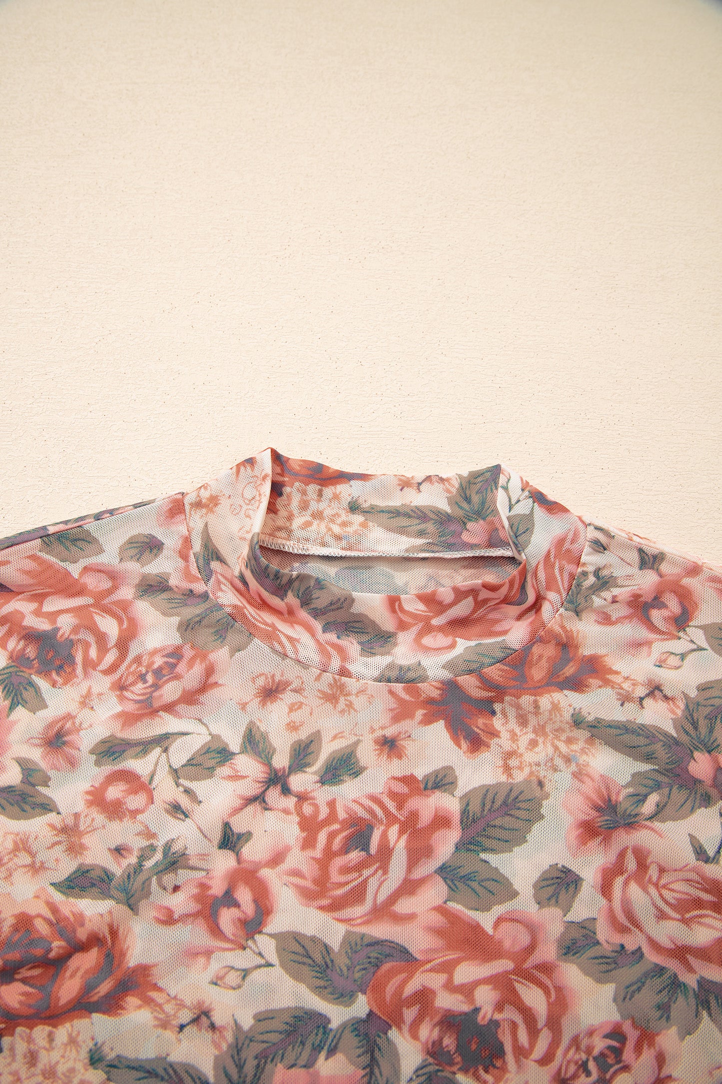 Vintage Floral Mesh Long Sleeve Mock Neck Slim Fit Top