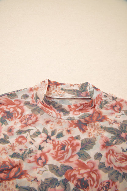Vintage Floral Mesh Long Sleeve Mock Neck Slim Fit Top
