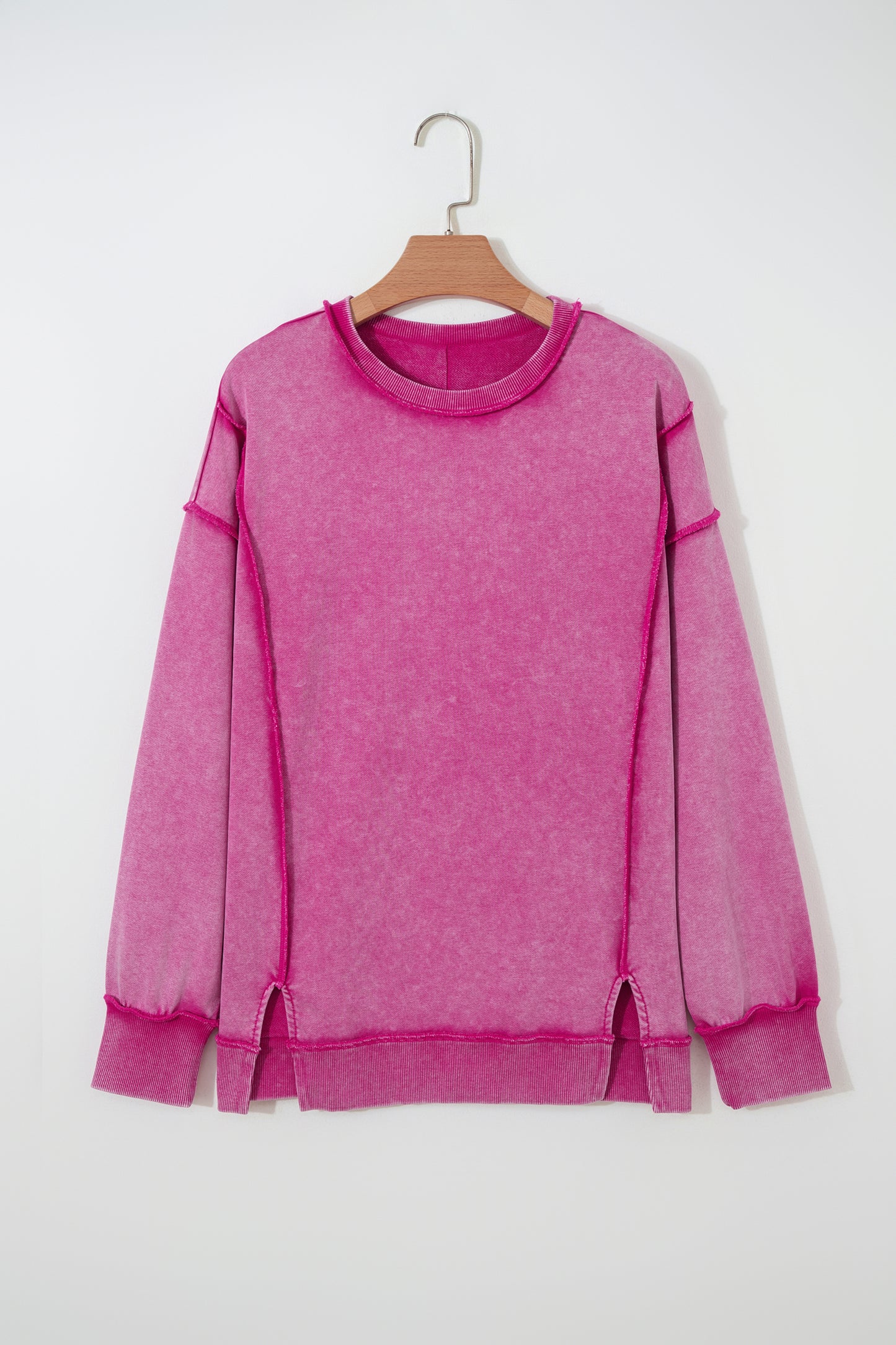 Mineral Wash Exposed Seam Sweatshirt Side Slit Casual Pullover