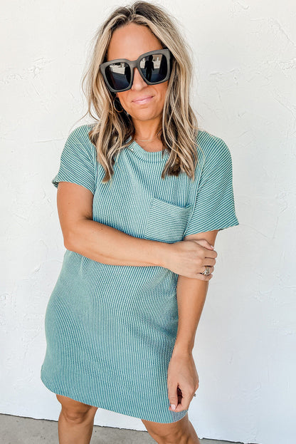 Striped Ribbed Knit Pocket T-Shirt Dress for Women