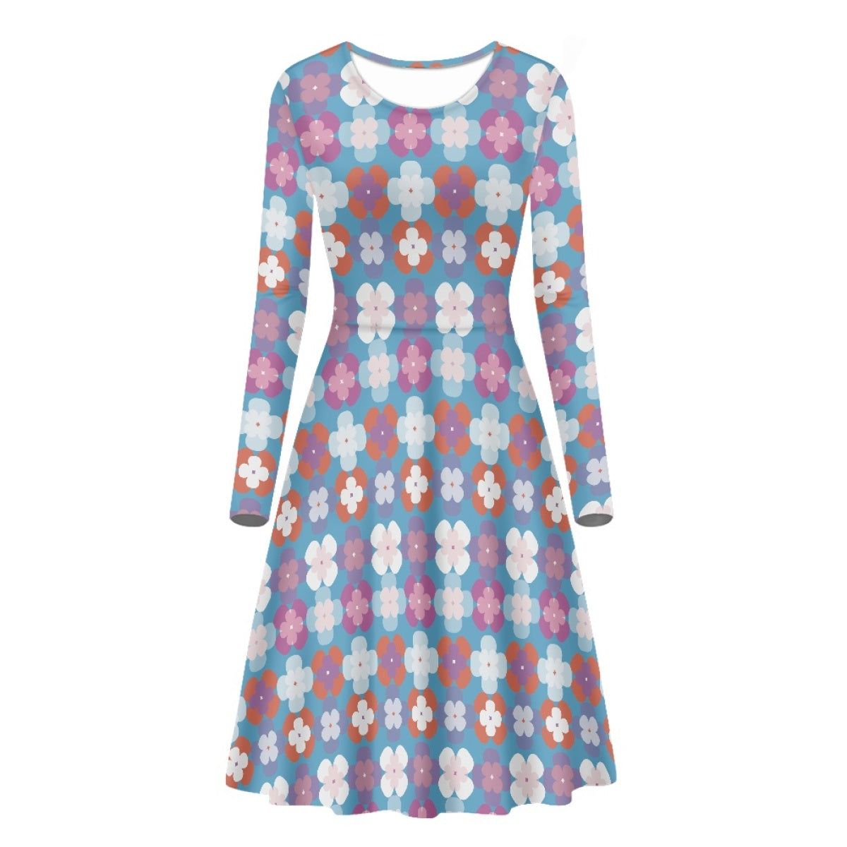 Blue Floral Print Long Sleeve Round Neck Dress