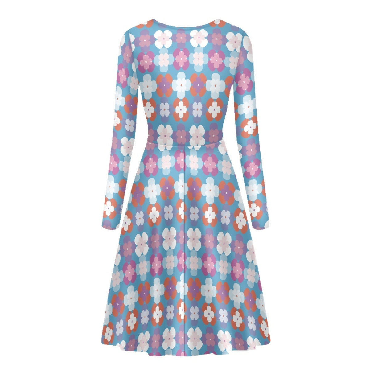 Blue Floral Print Long Sleeve Round Neck Dress