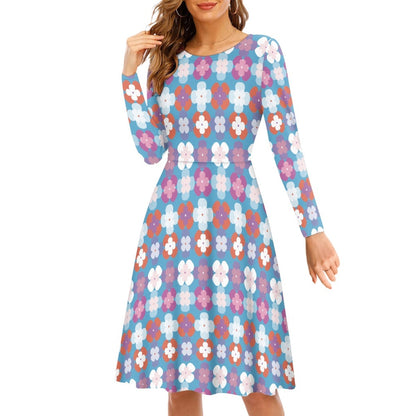 Blue Floral Print Long Sleeve Round Neck Dress