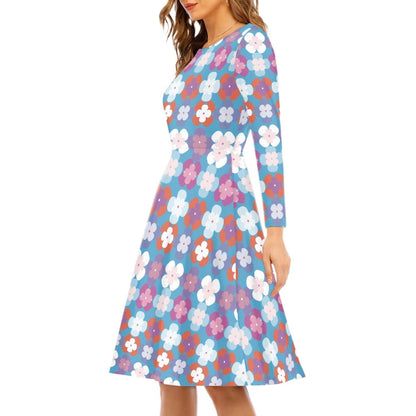 Blue Floral Print Long Sleeve Round Neck Dress