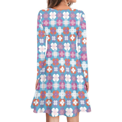 Blue Floral Print Long Sleeve Round Neck Dress