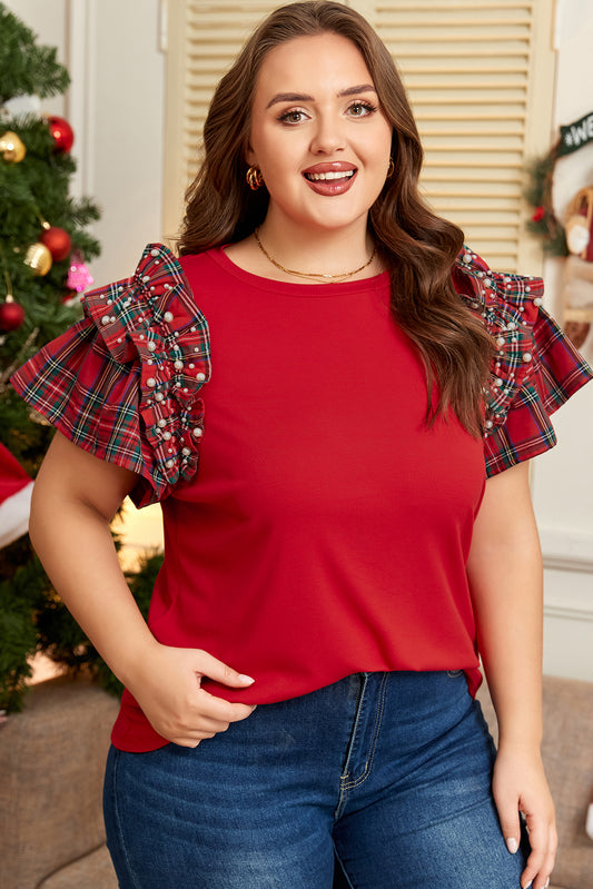 Plus Size Red Plaid Ruffle Sleeve Christmas Holiday Top