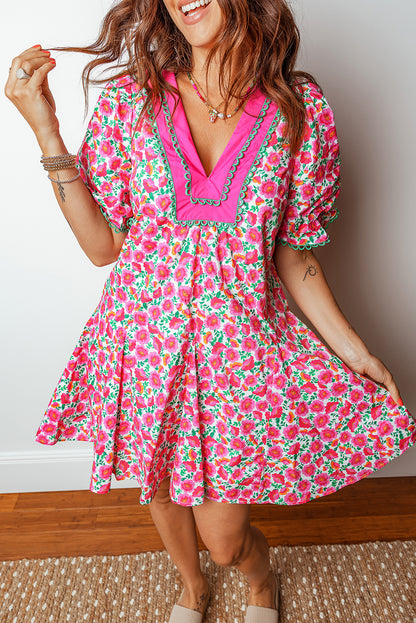 Pink Floral V Neck Puff Sleeve Mini Dress