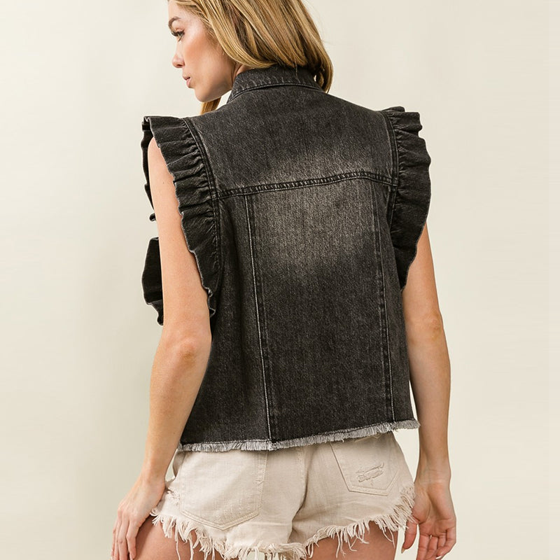 Leopard Print Denim Ruffle Sleeve Button Vest Top
