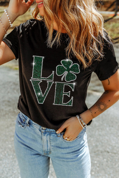 Black Rhinestone Clover LOVE St Patrick’s Day Graphic Tee