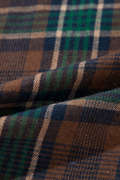 Brown Plaid Button-Down Shacket with Chest Pockets