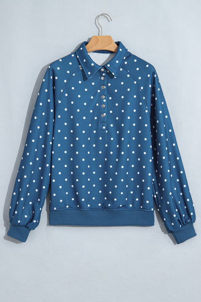 Polka Dot Button Collar Pullover Sweatshirt