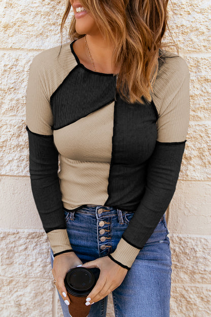 Irregular Color Block Rib Knit Long Sleeve Top