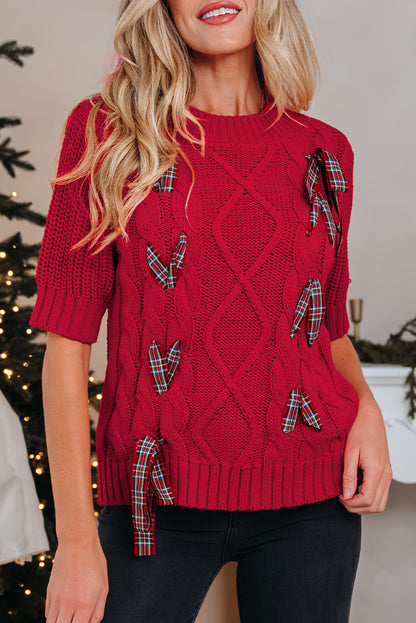 Red Plaid Bow Lace Up Cable Knit Short Sleeve Holiday Sweater