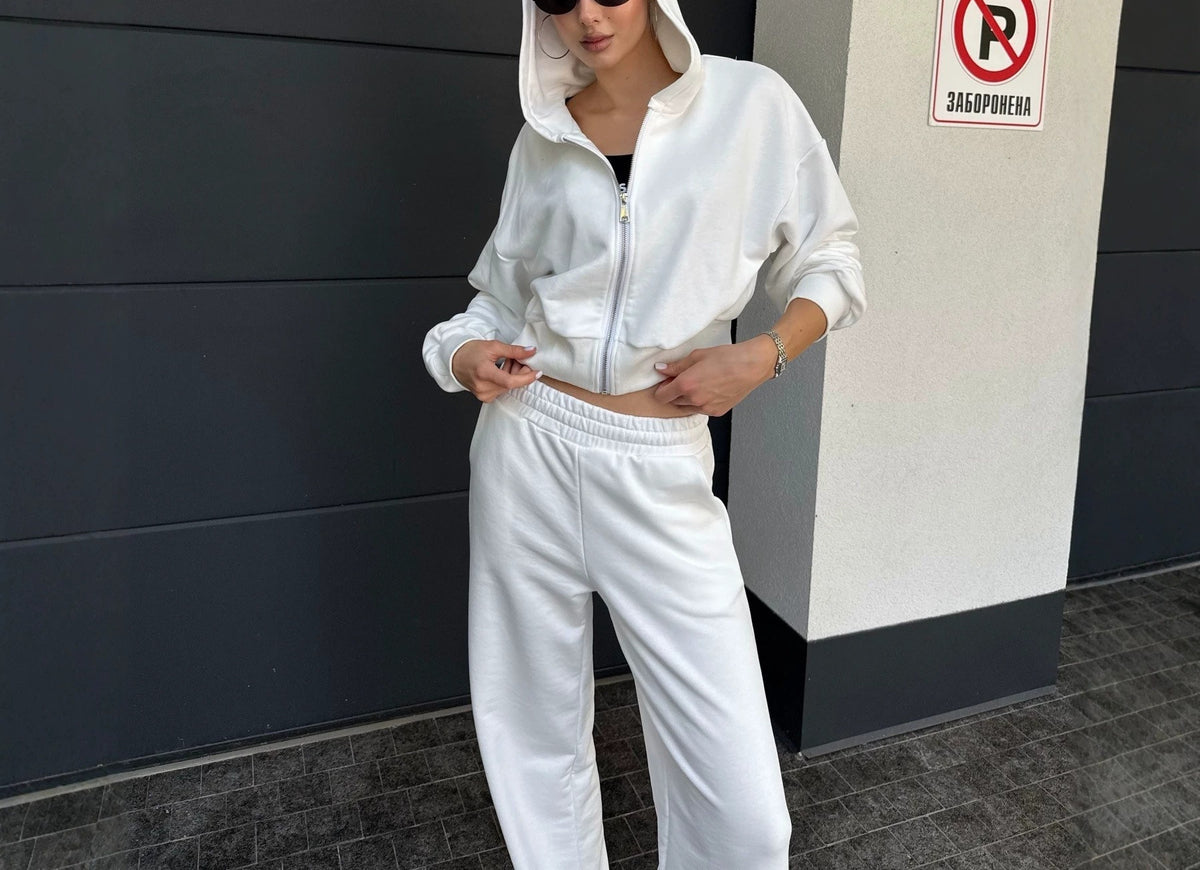 Women's 2 Piece Cropped Zip Hoodie Wide Leg Sweatpants Set