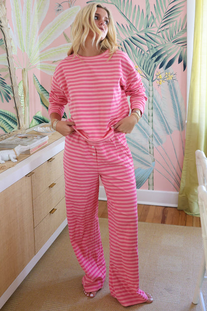 Striped Lounge Set Long Sleeve Top Wide Leg Pants