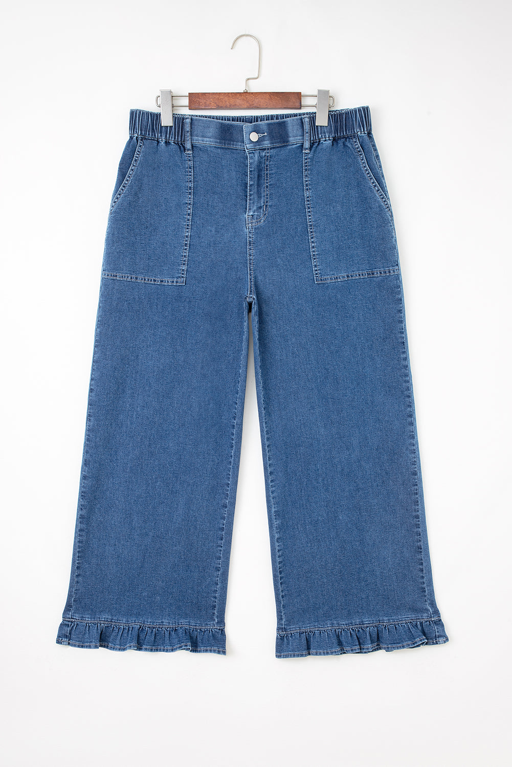 Sail Blue Plus Size Elastic Waist Ruffle Hem Jeans