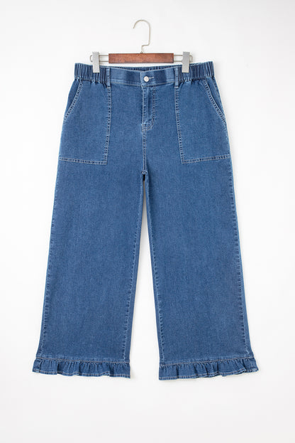 Sail Blue Plus Size Elastic Waist Ruffle Hem Jeans