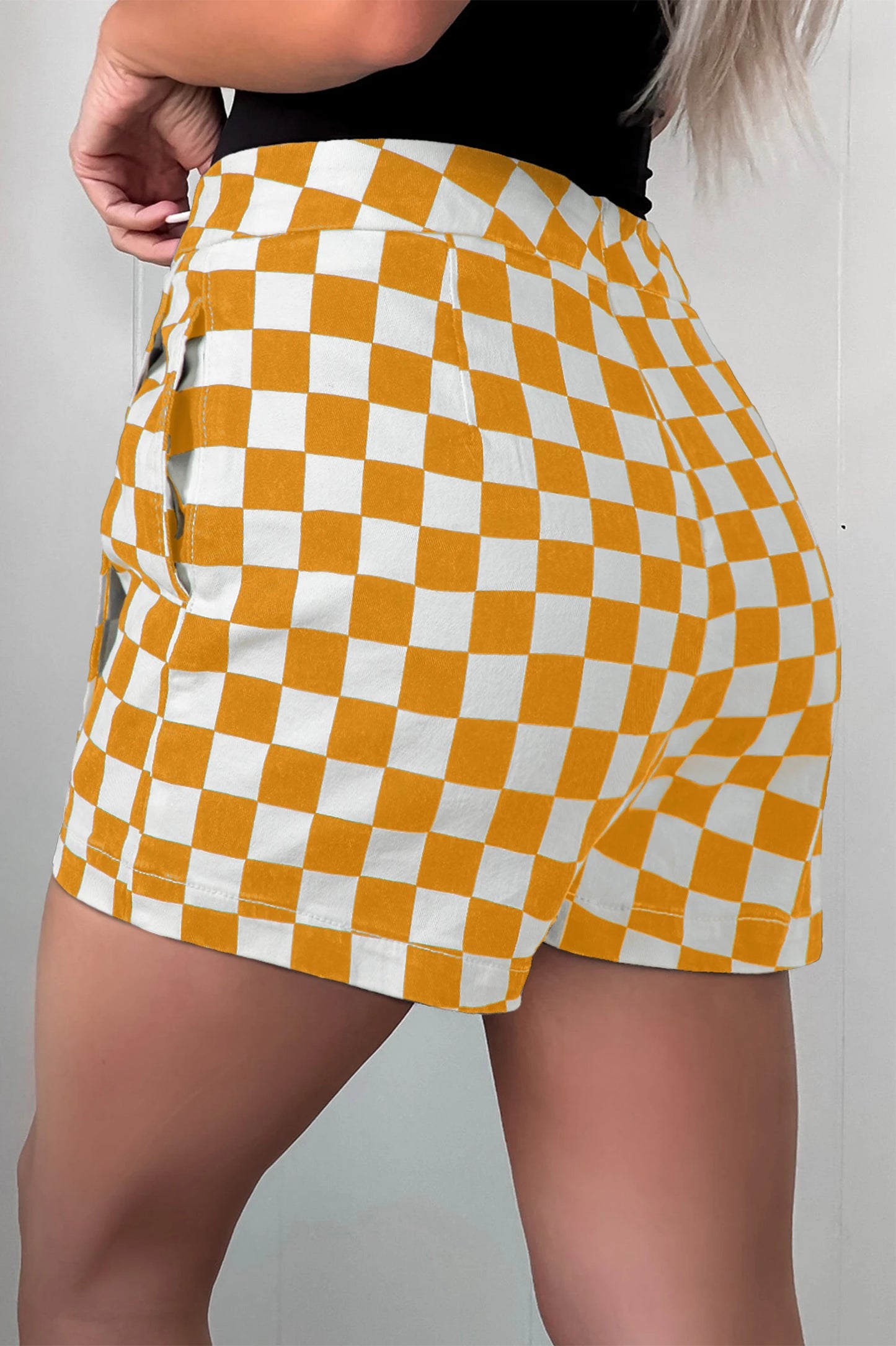 Checkered Print Overlap Denim Skort Mini Shorts
