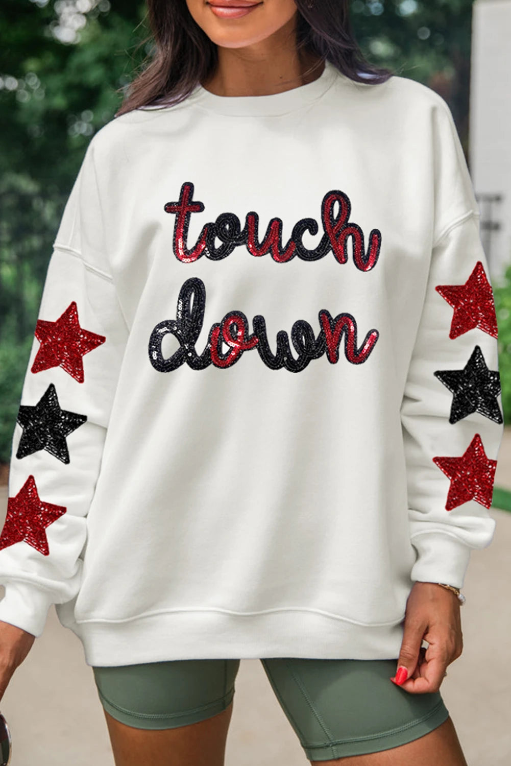 Beige Sequin Touchdown Star Sleeve Game Day Sweatshirt