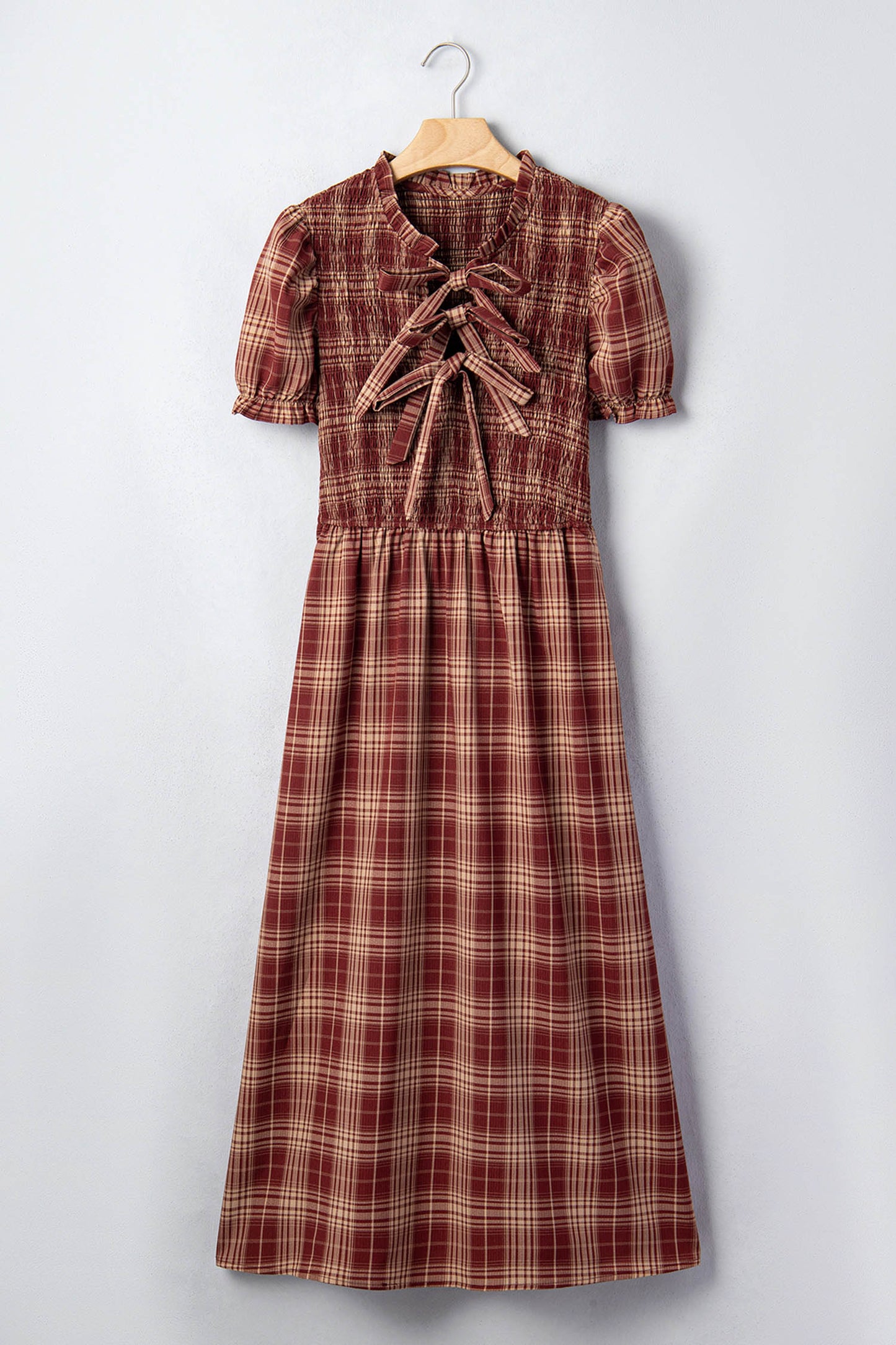 Western Plaid Puff Sleeve Midi Dress Tie Front