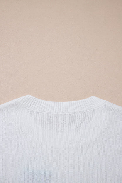 White Bird Pattern Drop Shoulder Knit Pullover Sweater