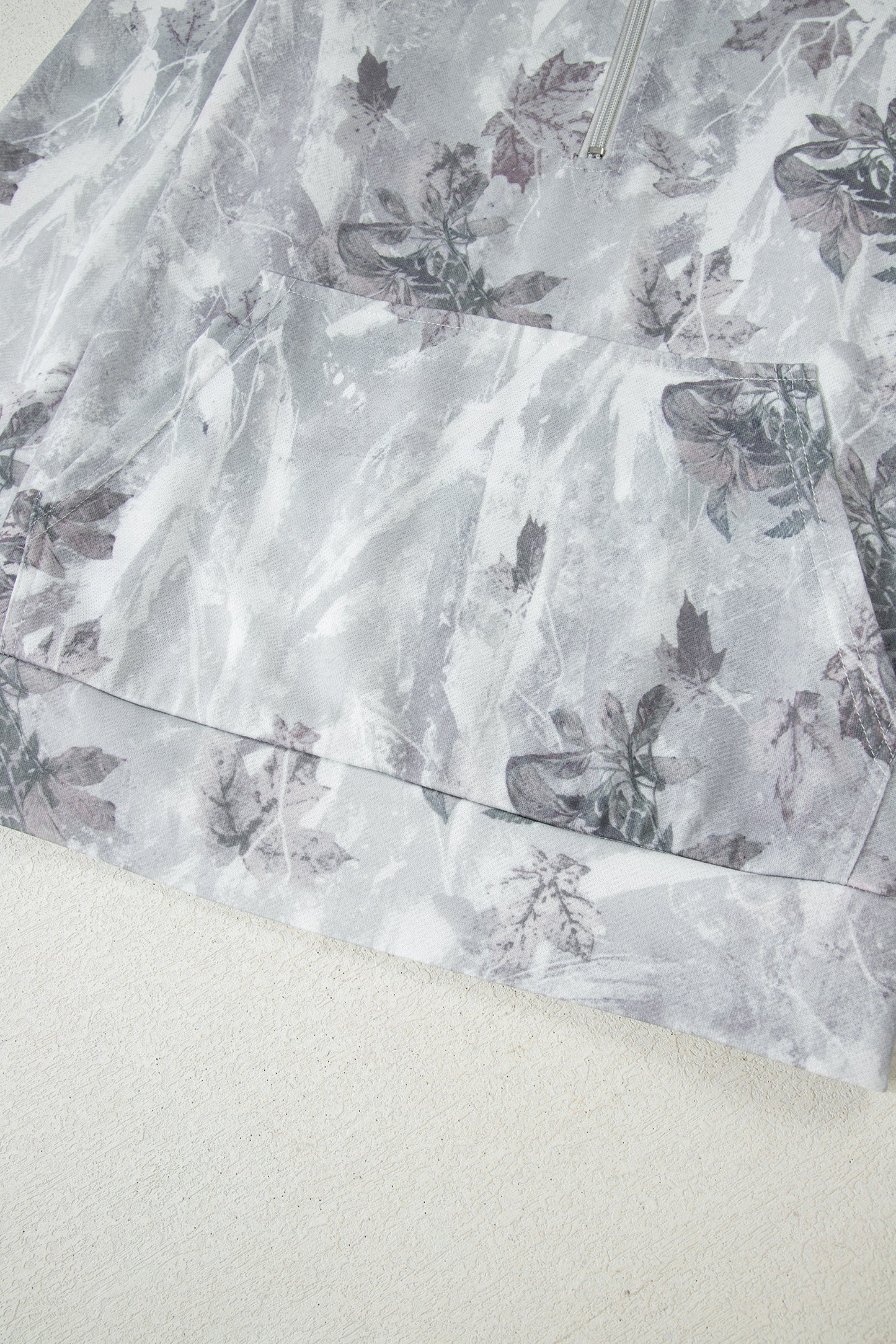 Gray Camo Leaf Print Quarter Zip Hoodie with Pocket