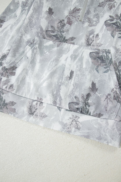Gray Camo Leaf Print Quarter Zip Hoodie with Pocket