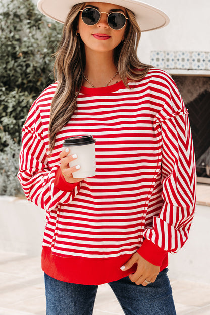 Red Stripe Oversized Pullover Exposed Seam Long Sleeve Top