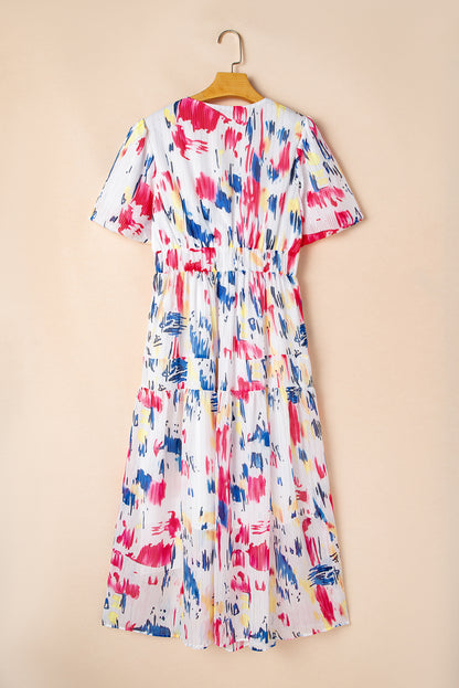 Abstract Print Puff Sleeve V Neck Tiered Maxi Dress