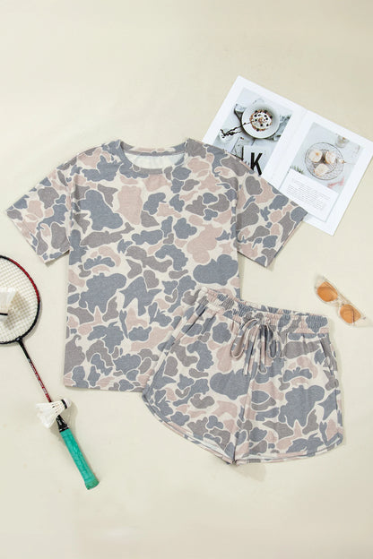 Camo Two Piece Lounge Set Oversized Tee Shorts Outfit