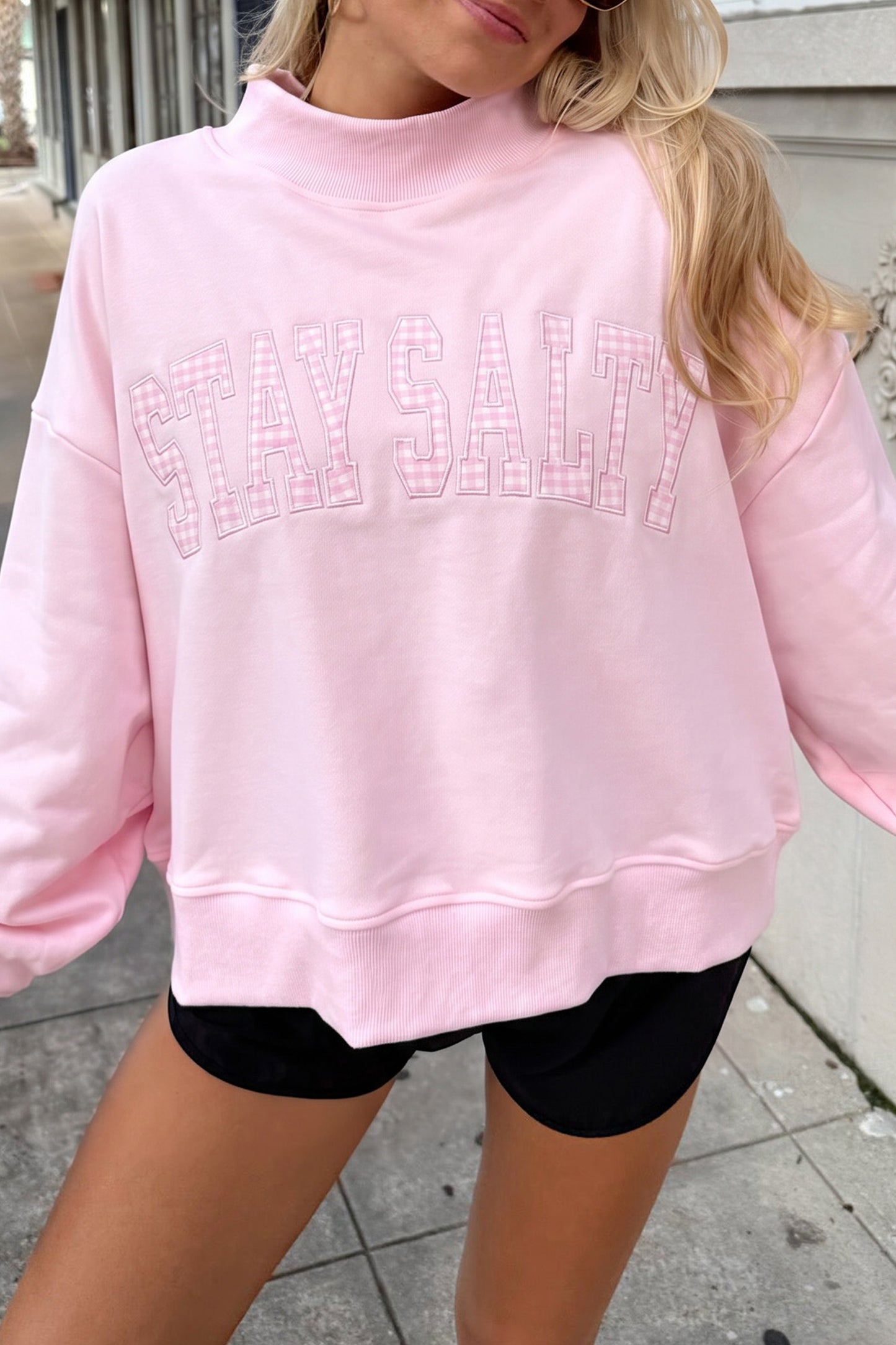 Chestnu COZY Embroidered Long Sleeve Stand Neck Shift Pullover Sweatshirt