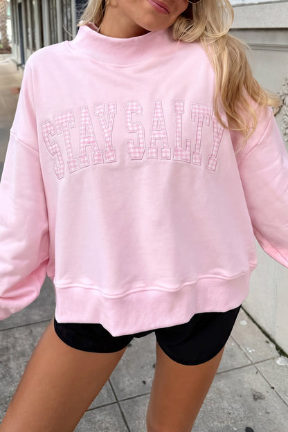 Chestnu COZY Embroidered Long Sleeve Stand Neck Shift Pullover Sweatshirt