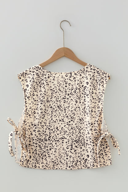 Apricot Leopard Print Side Tie Sleeveless Blouse