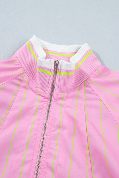 Pink Stripe Half Zip Blouse Puff Sleeve Casual Boutique Top