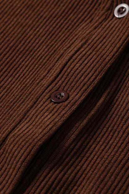Coffee Corduroy Ruffle V Neck Button Shacket
