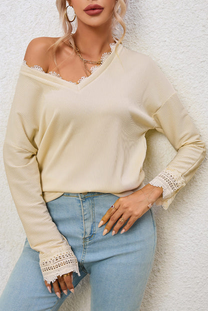 Pink Ribbed Texture Lace Trim V Neck Long Sleeve Top