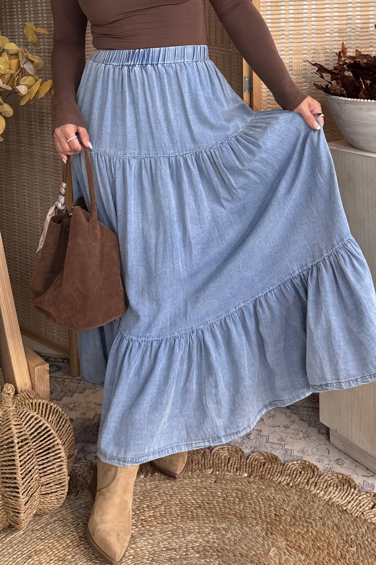 Blue Tiered Denim Maxi Skirt Elastic Waist Casual Summer