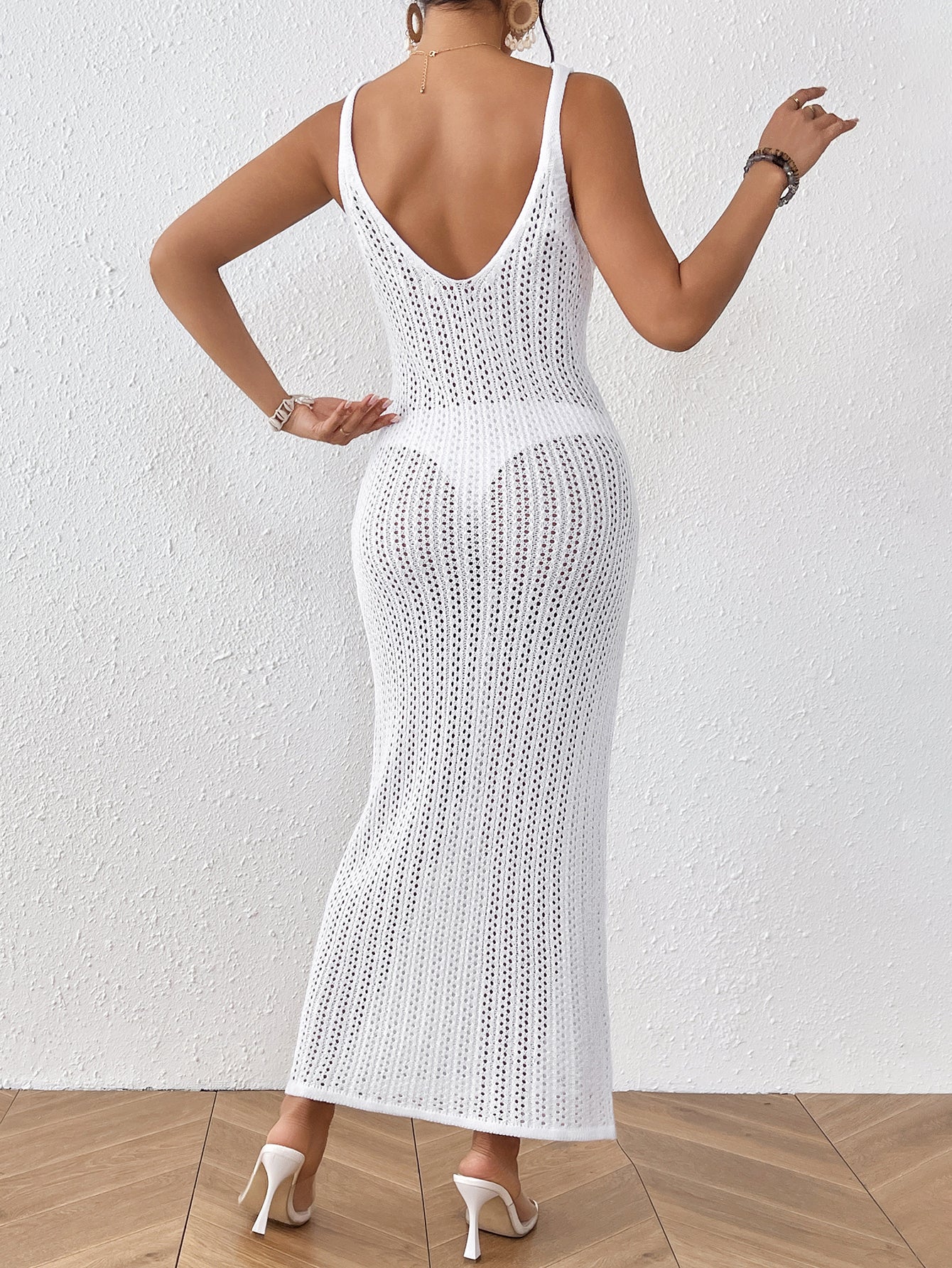 White Crochet Knit Maxi Dress V Neck Beach Cover Up Women