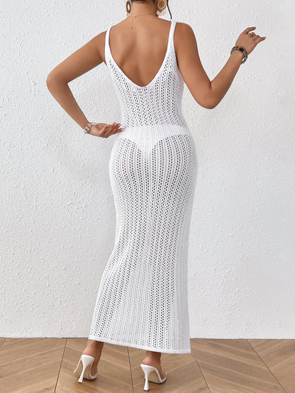 White Crochet Knit Maxi Dress V Neck Beach Cover Up Women